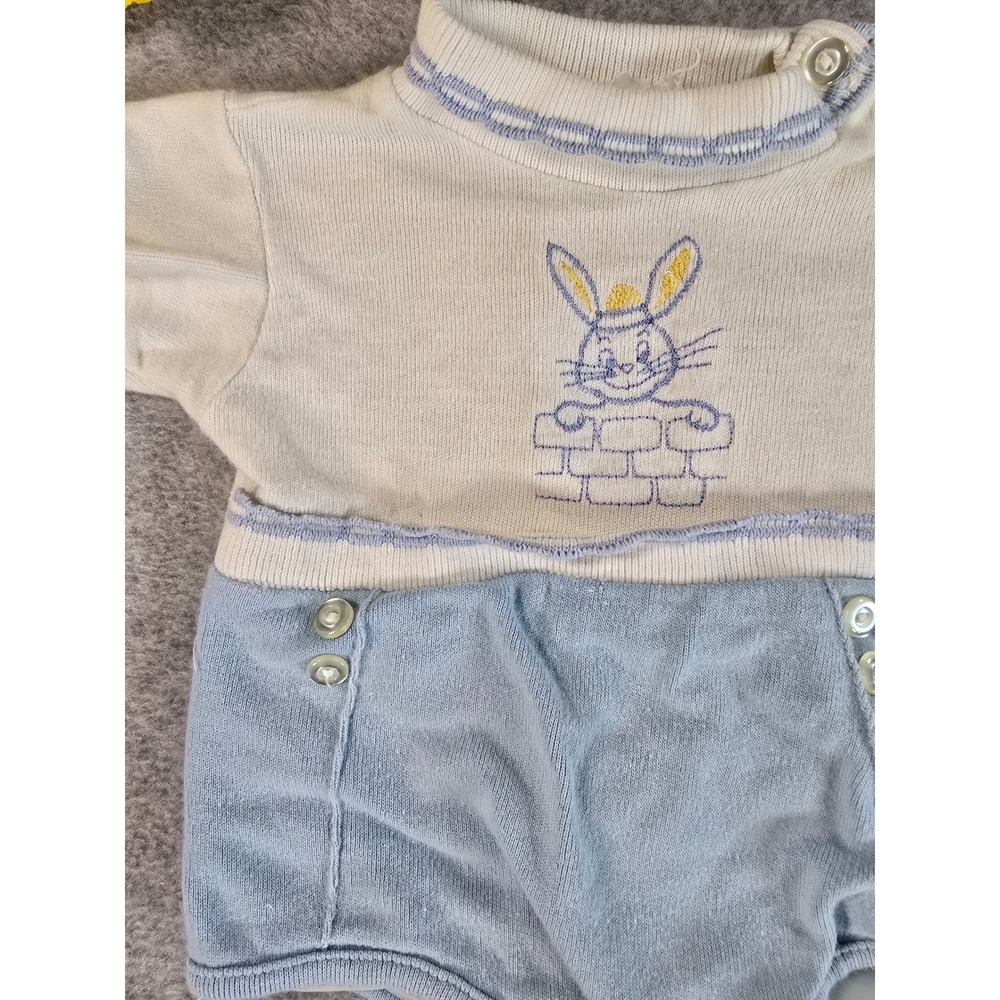 Vintage 60s 70s Baby Knit Romper Blue White Bunny Rabbit Embroidered 0-3m - Picture 2 of 9